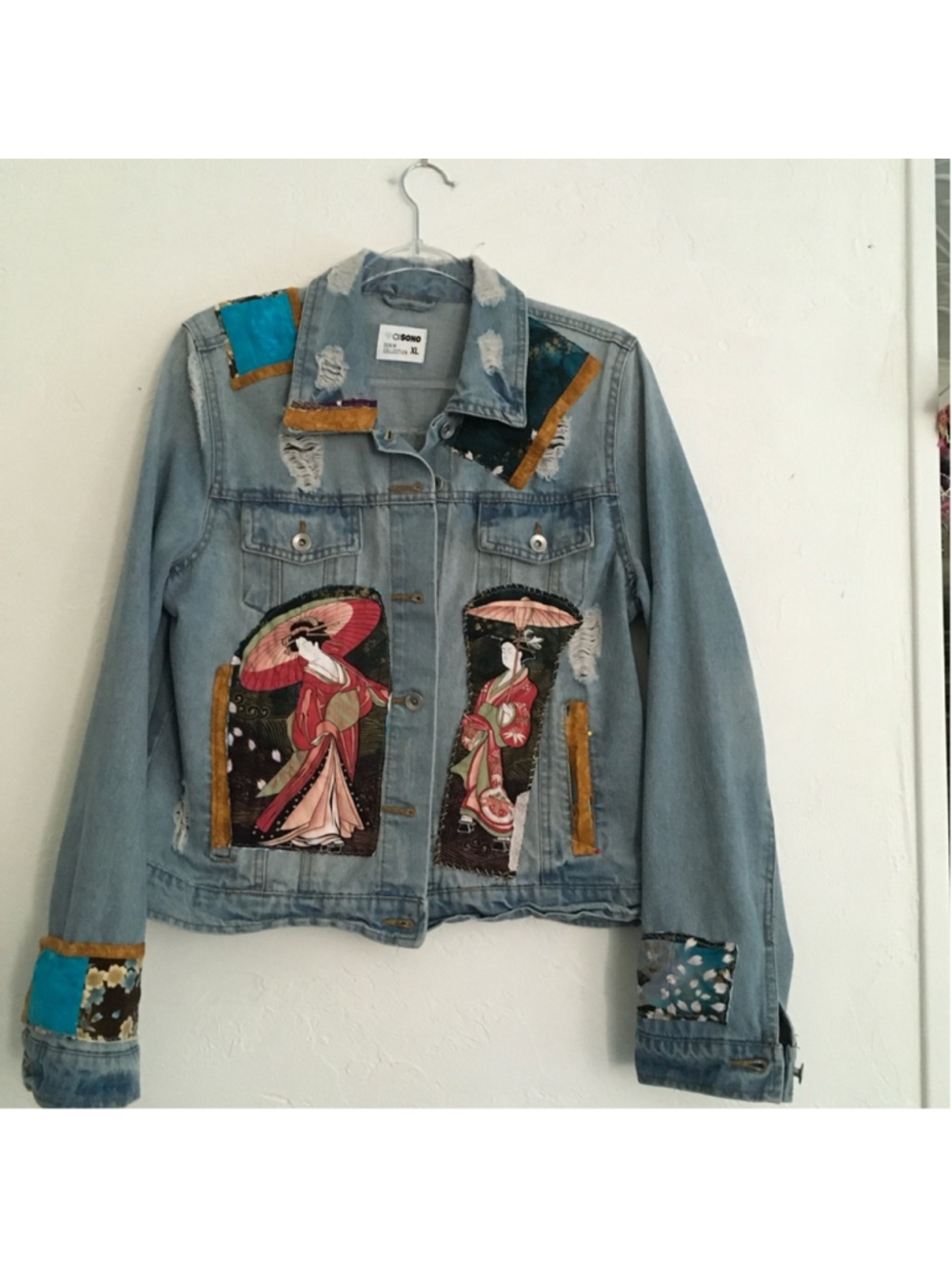 Handmade Upcycled Denim Jacket Geisha Girl Art Kimono XL - Picture 2 of 12